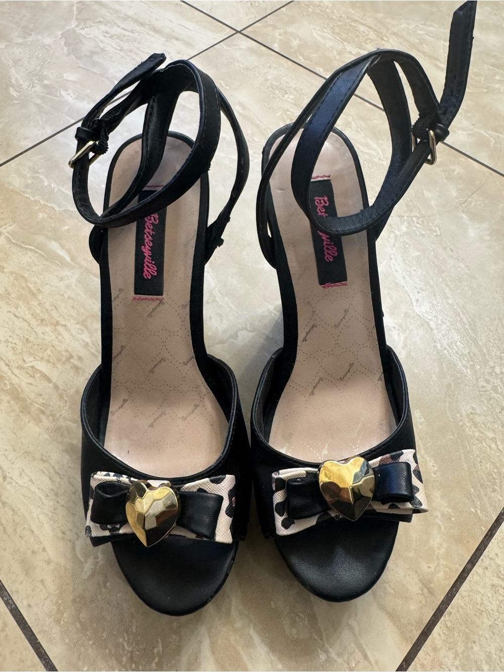 Betsey Johnson Black Heels with Leopard Bow and Gold Heart